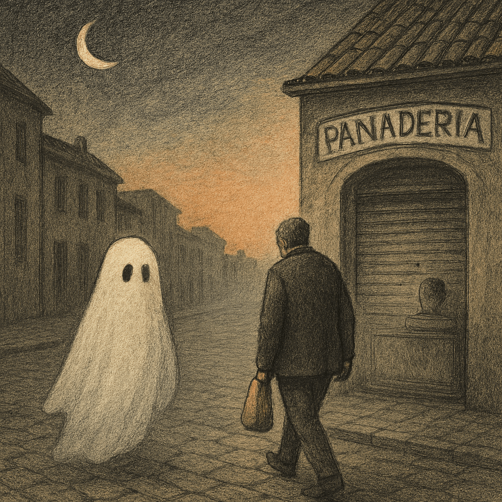 un fantasma se cruza con un señor que parece que va a compra pan en una panadería